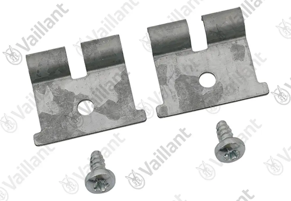 Vaillant Halter-Set bestehend aus zwei metallischen Clips und zwei Schrauben zur Befestigung. Halterung in silberner Farbe mit einer mittigen Bohrung.